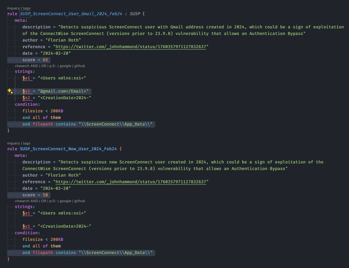 cyb3rops's tweet photo. In @thor_scanner we can use external vars in #YARA rules to do things like this 👇 to detect suspicious new accounts in #SecureConnect
@_JohnHammond's post
https://t.co/Rcnv4h9bTT
THOR's external vars
https://t.co/1U0A47xFQh
Rules
https://t.co/cZFG95ZSBV https://t.co/NWCSG8GBZJ