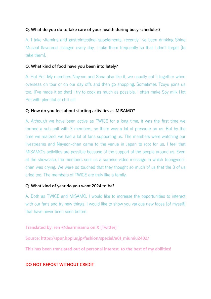 dearmisamo's tweet photo. Q&amp;A/Interview Full Translation

[2/2]

#MOMOxSPURMAGAZINE https://t.co/inB3tpetbq