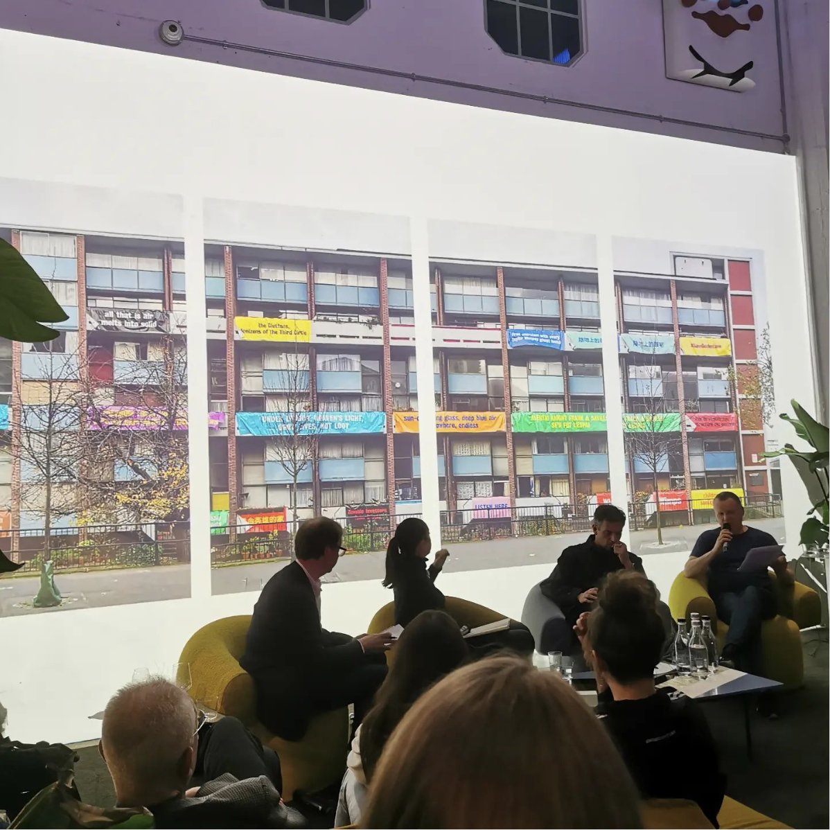 #stewarthome - holding microphone on right - talking about #spectresofmodernism, #publicart and problematic funders at @shoreditch_ac   last night (21 February 2024) on a panel talk organised by @AR_Magazine. Photo by @atautanaka