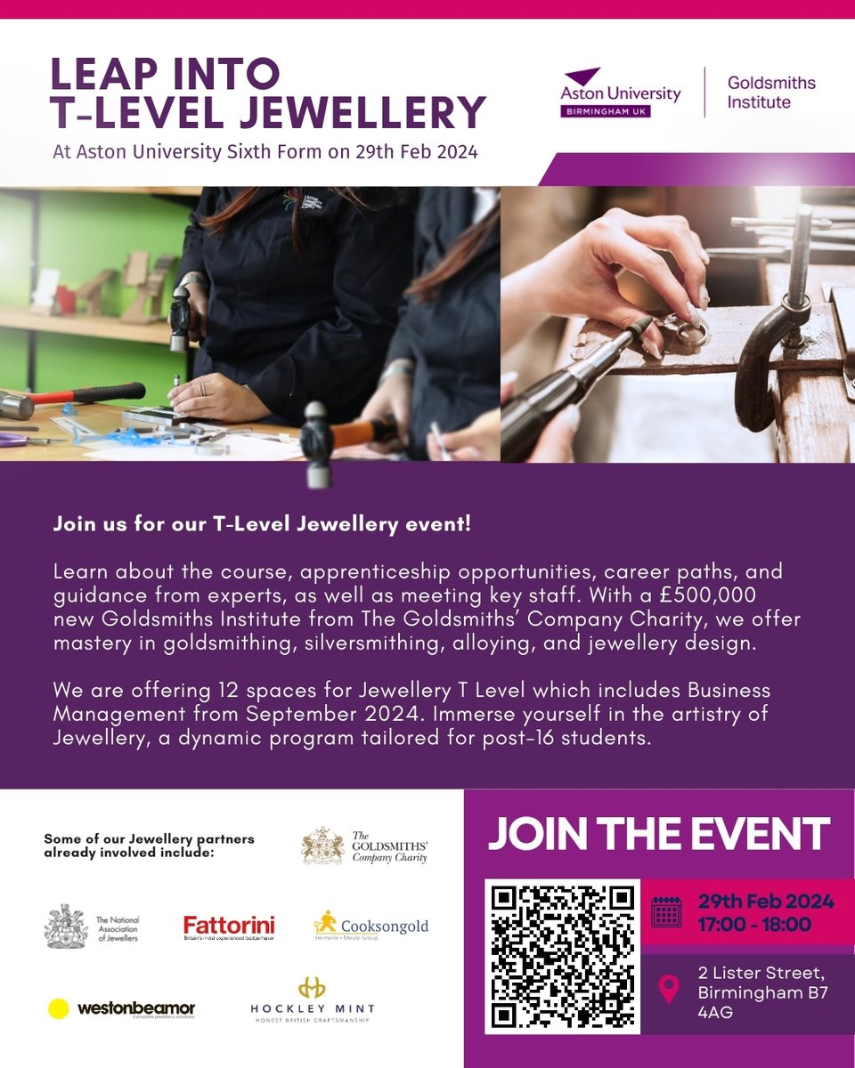 ⏰ Just ONE WEEK LEFT to Join our Leap into T-Level Jewellery! Don't miss out on this opportunity and Book now using the QR code or visit auea.co.uk 🎓💍 . #ApplyNow #SixthFormAdmissions #jewellery #auea #aueautc #utcschool #stem #astonuniversity #TLevels