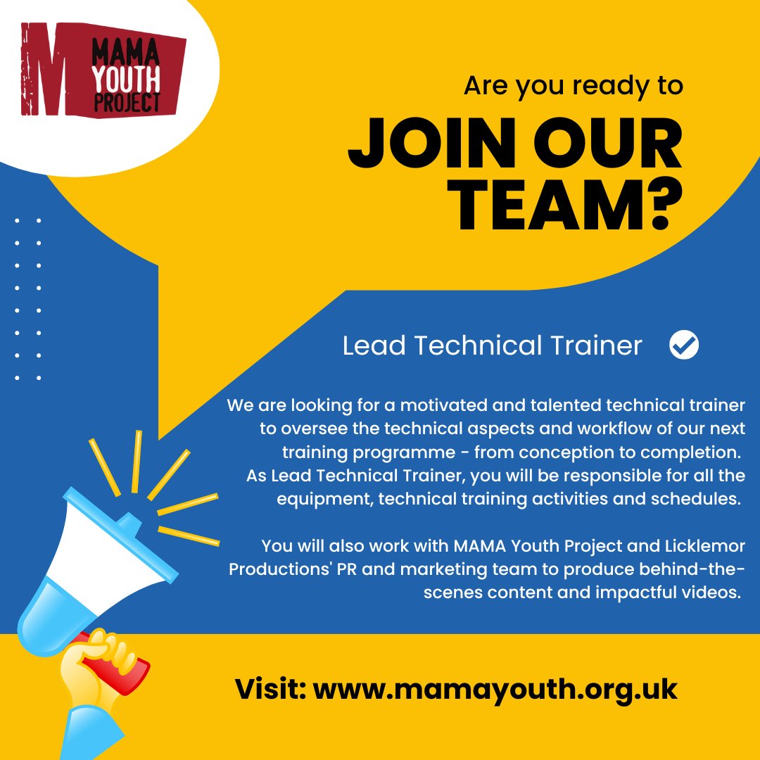 ⏰ ONLY TWO WEEKS TO GO: Job Application for 'Lead Technical Trainer' Deadline 🔜 7th March ⏰ Full job description 🔗: ow.ly/MSvL50QFhak Please submit your application to: cristina@mamayouthproject.org.uk Share this and spread the word! 📢 #wearehiring #mediajobs