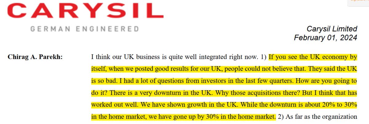 doshi_harsh's tweet photo. #Concallhighlights
#Carysil on Acquisitions in UK
People thought UK is so bad, i had a lot of questions saying, "Aap kaise karne wale ho, UK to bahot down hai, Kyu liya?" but it has worked out really well https://t.co/lPQ8mOn6IX