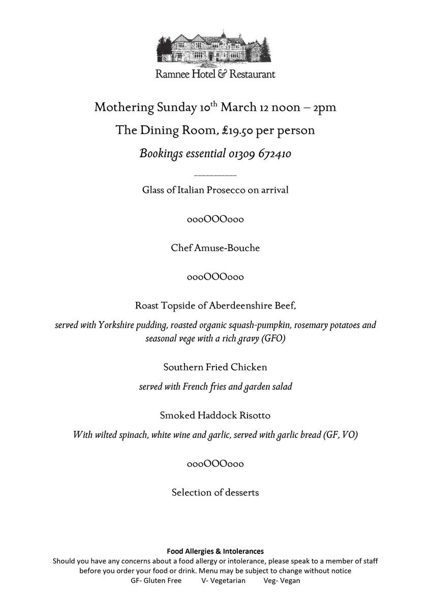 Treat Mum to a wonderful Mothers Day lunch at the Ramnee! Sunday 10th March, 12pm – 2pm last orders. Each person gets a free amuse bouche! We can't wait to welcome you for a wonderful Mother's Day celebration complete with live piano melodies too! To book, 01309 672410 or email!