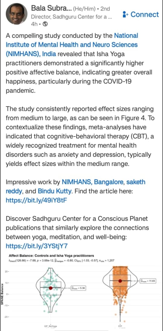 SadhguruJV's tweet photo. Wonderful that the objective sciences are investing in studying the efficacy and effectiveness of traditional subjective sciences. These findings confirm the experience of millions of Yoga practitioners over several millennia. Congratulations @NIMHANS_BLR - the study will promote greater acceptance of the Yogic Science of Wellbeing, much needed to curtail the rise in mental health issues globally. -Sg https://t.co/fKoS4u7flN
@balachundhar