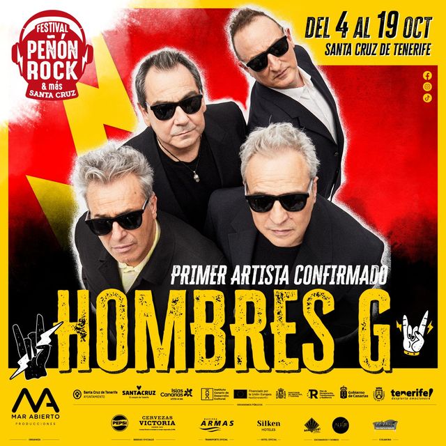 🤘 @HombresG primer artista confirmado en el festival Peñón Rock en Tenerife! 🥳 @DavidSummersHG @Dani_Mezquita @rafahg @JaviMolinaHG @ESQUIMALHG Próximamente más información. #HombresG40Años
