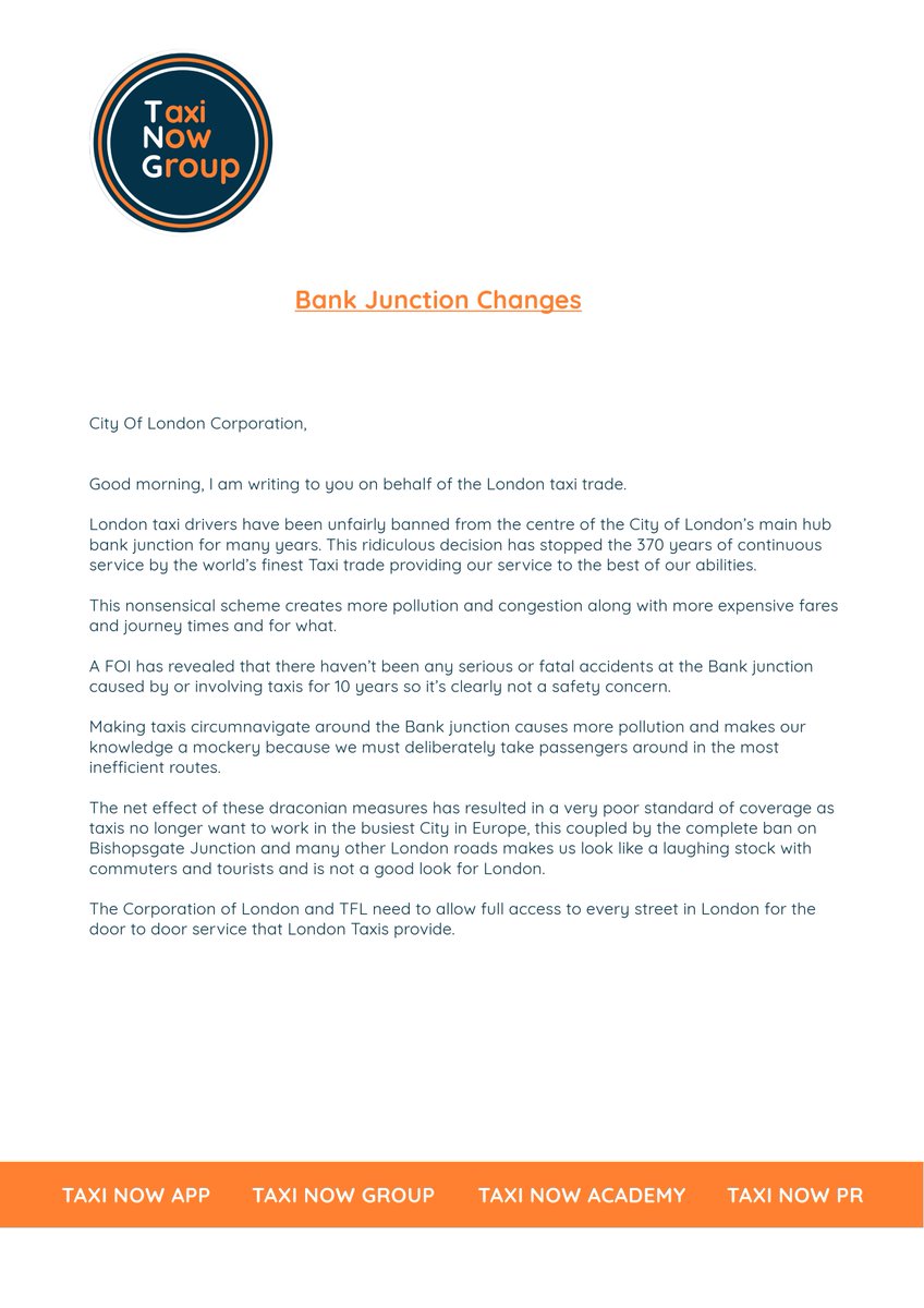 Dear All,
The London taxi trade has support at the City Of London Corporation regarding access to Bank Junction

TNG has emailed the COL Corporation, TFL, Deputy Mayor, Transport Minister

We are asking drivers to email CabsAcrossBank@gmail.com requesting access to Bank Junction.
