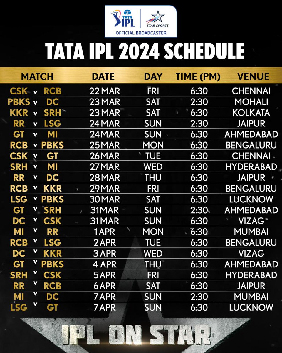 IPL 2024 schedule for the first 21 matches. #IPLOnStar.