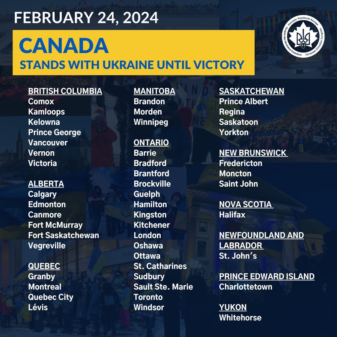 On Saturday, February 24, the world will commemorate the second anniversary of Russia’s full-scale invasion of Ukraine. Rallies and demonstrations are being held in over 45 communities across Canada: buff.ly/3SZWAz5 Please share, your repost can make a real difference!