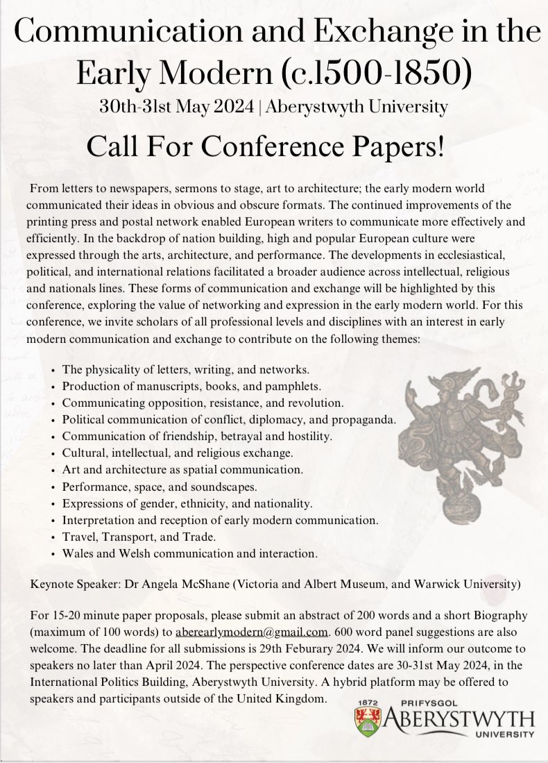 ONE WEEK LEFT #twitterstorians! 

Only a week until the #cfp deadline closes for Communication and Exchange in the Early Modern 1500-1850 - two day conference at Aberystwyth University! 

Please do share! 

#EarlyModern #History #conference