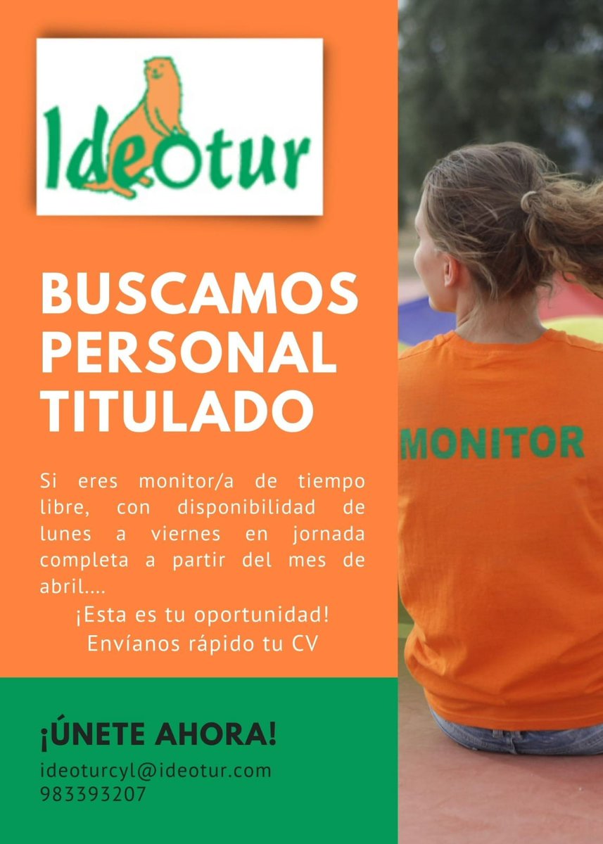 IDEOTUR's tweet photo. Comienza la campaña de captación de talento. Podéis enviar vuestras candidaturas a ideoturcyl@ideotur.com
#monitor #campamentos #actividades #valladolid #palencia #madrid #ofertadeempeleo https://t.co/BMZnB4hCjH