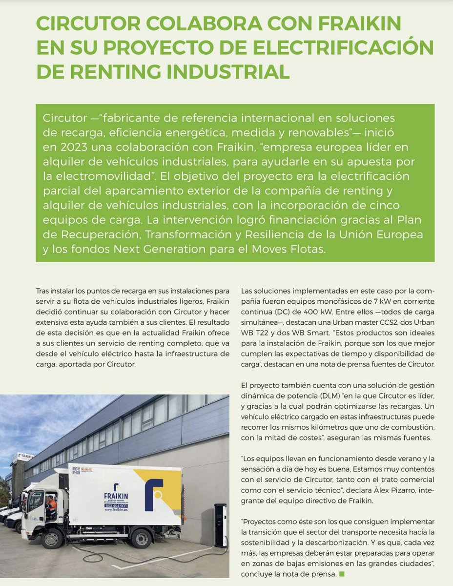 La colaboración de Fraikin con @circutor ha sido publicada en la revista Smart Cities de @int_renovables 👏🏻. #eficienciaenergética #electromovilidad #colaboración #Fraikin