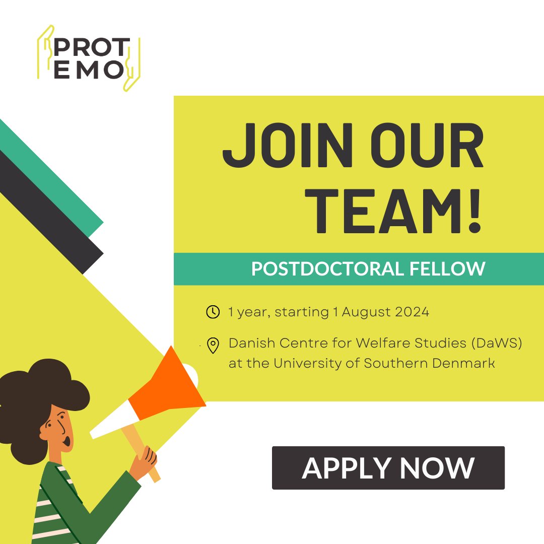 PROTEMO_EU's tweet photo. 📢 To the political scientists and sociologists out there: Join the #PROTEMO team on a mission to investigate the emotions of protective policies!

We are looking for a Postdoctoral Fellow at @DaWS_SDU. To learn more and apply, click here:
https://t.co/h2e22i255W

#AcademicJob https://t.co/iFwz9LEKDm