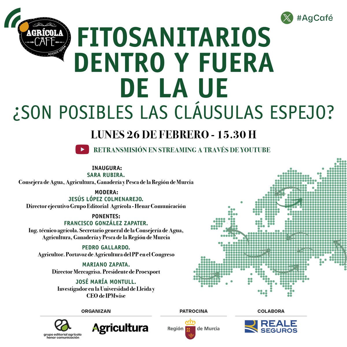¡NUEVA Tertulia #AgCafé!
🌱#Fitosanitarios dentro y fuera de la UE 🇪🇺 
Debatiremos sobre si son posibles las cláusulas espejo con expertos del sector.

🗓️ Lunes 26 de febrero a las 15:30 h.
📺 STREAMING por YouTube

¿Te unes?

Reserva GRATIS tu plaza en ⤵️
forms.gle/FrPK5q83vq2EfZ…