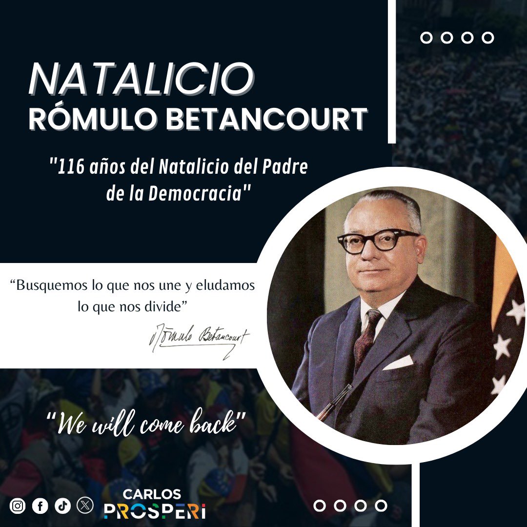 Hoy #22Feb conmemoramos 116 años del Natalicio de Rómulo Betancourt. Sin duda alguna, Rómulo es el venezolano más importante del siglo 20. Su valentía, hidalguía y amor por el país se vieron consagrados en 40 años de democracia civil, nacionalista y moderna. Hoy seguimos su…