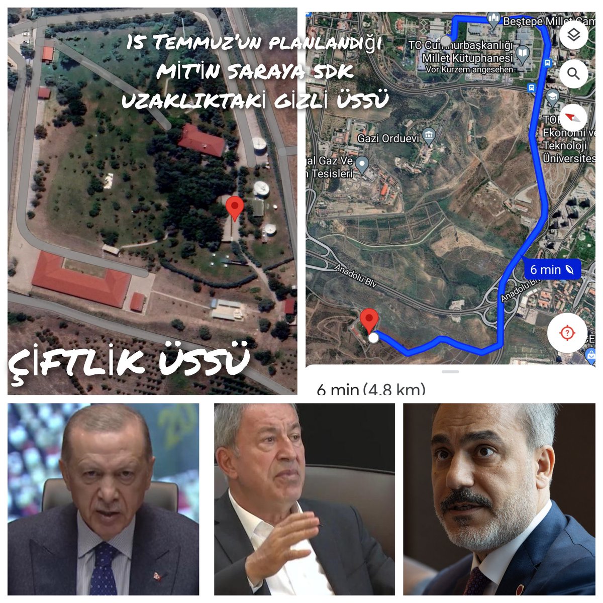 15 TEMMUZ'UN PLANLAYICILARI 
1) Hakan Fidan, Erdoğan ve Hulusi Akar 15 Temmuzdan aylar önce MİT’in saraya 5 dk mesafedeki ÇİFTLİK üssünde defalarca buluşarak 15 Temmuzun planlamasını yaptılar. 15 Temmuzun her aşaması burada detaylı olarak planlandı ve uygulamaya konuldu. Planın