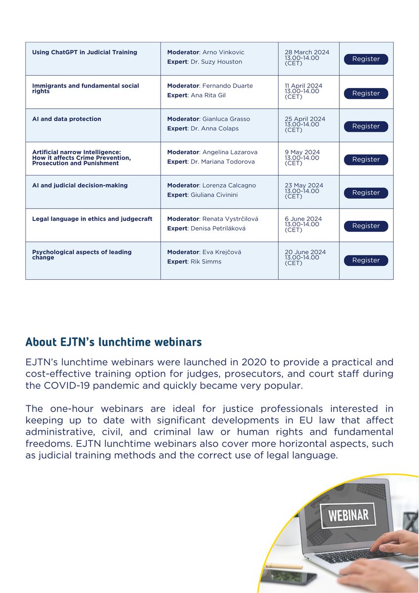 Interested in increasing your knowledge on #EUlaw?
Since January, EJTN launched a new programme of lunchtime webinars.

✔️ 1 legal topic
✔️ 1 key expert
✔️ 1 hour
✔️ Unlimited questions

Participation is free: encr.pw/RcBP8
Contact person: Maria-Fernanda.Narvaez@ejtn.eu