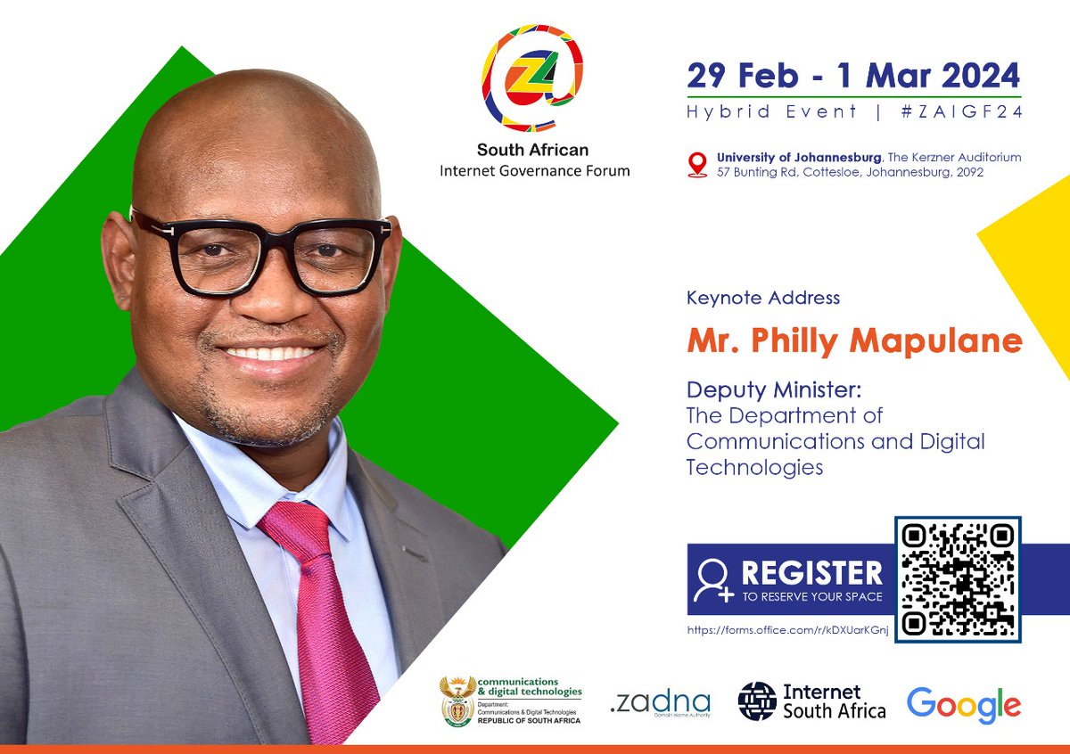 🚀 Exciting news! Join Deputy Minister <a href="/PhillyMapulane/">Philly Mapulane</a> at #ZAIGF24 for the keynote address! 
💻 Register by Feb 25 to shape SA's digital future! 🇿🇦 #InternetGovernance