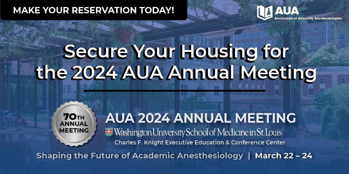 Have you made your hotel reservations for #AUA70 yet? Next week marks the last week to utilize the group rate—visit buff.ly/3Nyu5Vh for host hotel hotels. @SShaefi @RitzCarlton_STL @DrSusieUNC @HarrietHopfMD @WUSTL @WUSTLmed @WUSTL_AnesRsrch @WashUanesthesia @MayaHastie