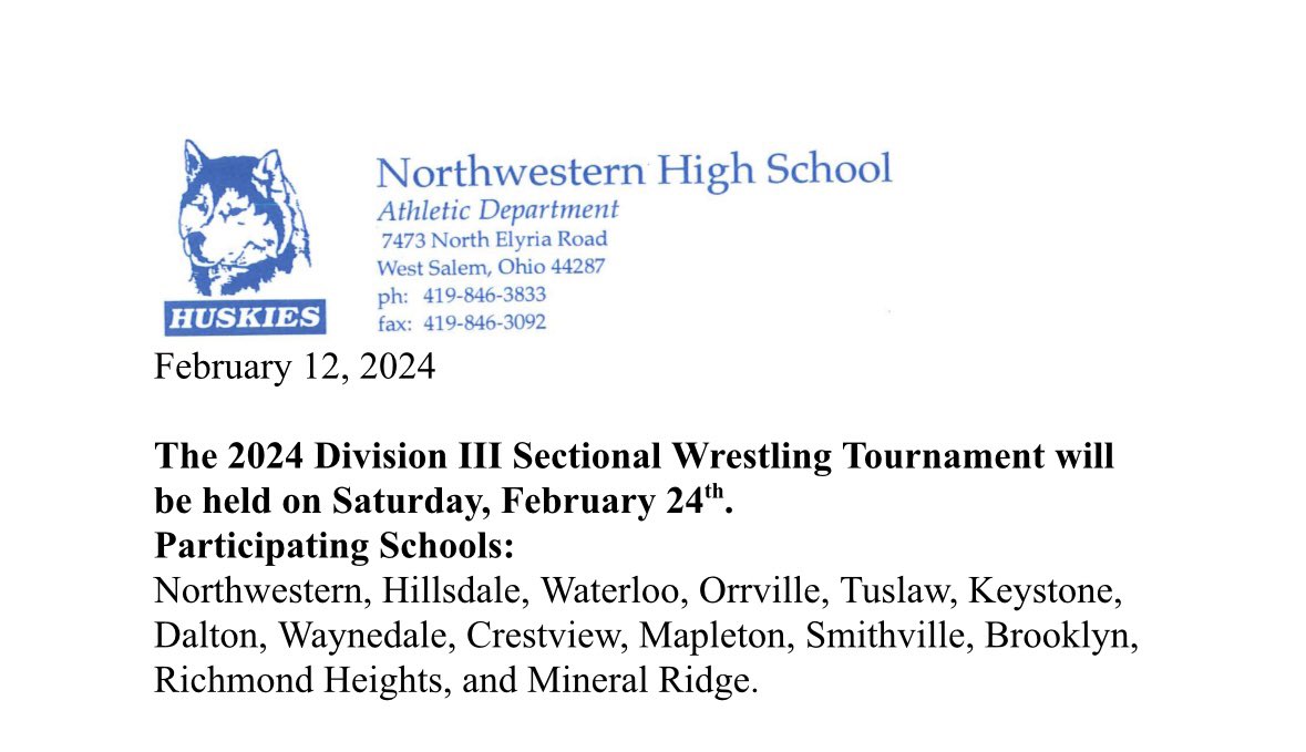 For anyone planning to attend. This years sectional tournament will start at 10:00 am at Northwestern High School