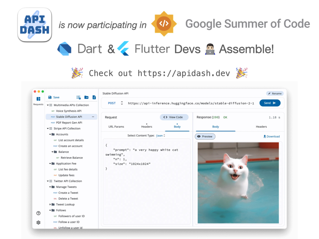 Ashita Prasad ๐ (@ashitaprasad) on Twitter photo Some exciting news ๐ฅณ API Dash (<a href="/apidashdev/">API Dash</a>) has been selected as a mentor organization in the Google Summer of Code 2024.
I am eagerly looking forward to mentor awesome #Dart & #Flutter devs. ๐
Project Link - github.com/foss42/apidash
<a href="/dart_lang/">Dart Language</a> <a href="/FlutterDev/">Flutter</a> <a href="/GoogleOSS/">Google Open Source</a> #gsoc Some exciting news ๐ฅณ API Dash (<a href="/apidashdev/">API Dash</a>) has been selected as a mentor organization in the Google Summer of Code 2024.
I am eagerly looking forward to mentor awesome #Dart & #Flutter devs. ๐
Project Link - github.com/foss42/apidash
<a href="/dart_lang/">Dart Language</a> <a href="/FlutterDev/">Flutter</a> <a href="/GoogleOSS/">Google Open Source</a> #gsoc