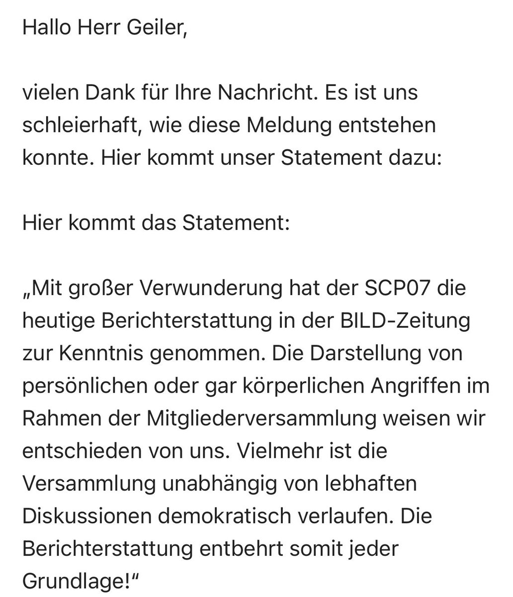 Die BILD behauptet, dass die DFL den Investoren-Einstieg nur deshalb gestoppt habe, weil die Klubs Angst vor einer Eskalation gehabt hätten. Grund dafür soll ein körperlicher Angriff auf einen Funktionär des SC Paderborn gewesen sein. Dies ist gelogen. Das bestätigt der Verein