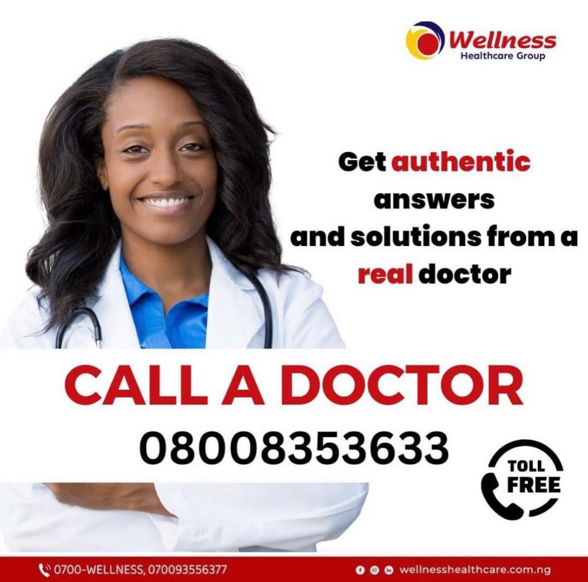 wellness_care's tweet photo. NEED MEDICAL ATTENTION?

Just call a doctor Today 

Say no to self medication ❌

Keep Your Body in Check ✅

Call : 08008353633 (Toll Free) 
Call everyday ➡️ 8.00am - 9.00pm

#wellnessplus #wellnesscoach #hmoinlagos #wellness #wellnessplus #health #wellnesshmo #wellnesscare https://t.co/Qyux8vzGS8
