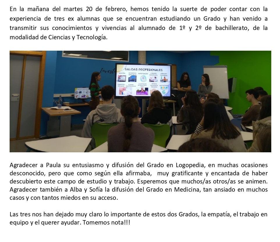 iesvalledealler's tweet photo. #backtoschool  SALUDABLE PARA EL DÍA DE LA #MUJER Y LA NIÑA EN LA #CIENCIA EN EL #iesvalledealler: LOGOPEDIA Y MEDICINA
#11F2024 #DiaMujerYNinaEnCiencia https://t.co/ZwSbKBj8bq