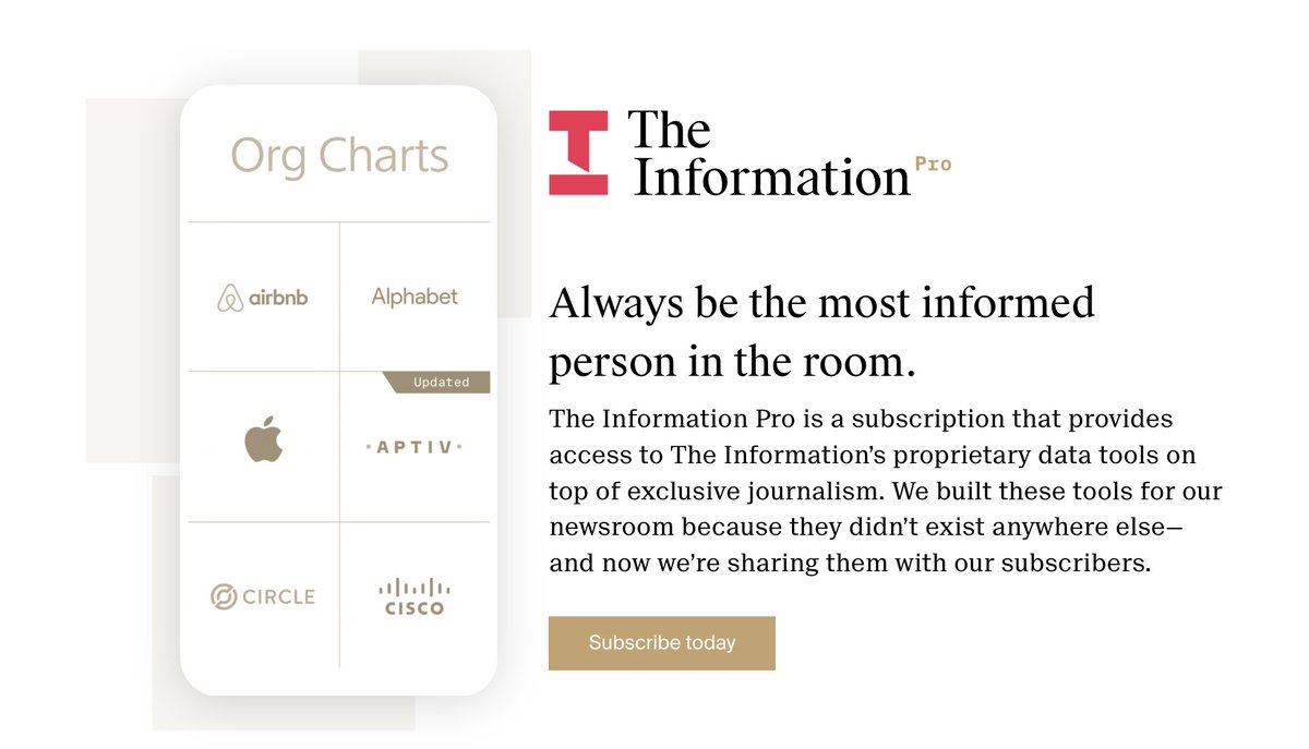 theinformation's tweet photo. One year ago today, we launched The Information Pro, our proprietary data resource for tech and business leaders.
Join now for a celebratory rate—today only. https://t.co/8TSYwnIahN
#ProExclusive https://t.co/XYIQimSxL3