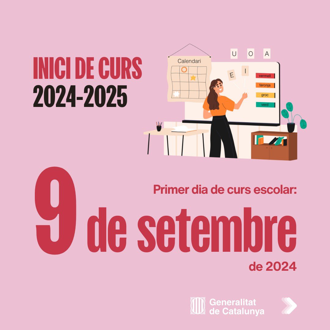Educació (@educaciocat) on Twitter photo 🗓️El proper curs escolar començarà el 9 de setembre.
➡️La consellera <a href="/AnnaSimo/">Anna Simó Castelló</a> ha anunciat la data després d'escoltar els representants de les direccions, els sindicats del professorat i el <a href="/conselleducacio/">Consell Educació</a> on hi ha present famílies, entitats i tota la comunitat educativa. 🗓️El proper curs escolar començarà el 9 de setembre.
➡️La consellera <a href="/AnnaSimo/">Anna Simó Castelló</a> ha anunciat la data després d'escoltar els representants de les direccions, els sindicats del professorat i el <a href="/conselleducacio/">Consell Educació</a> on hi ha present famílies, entitats i tota la comunitat educativa.