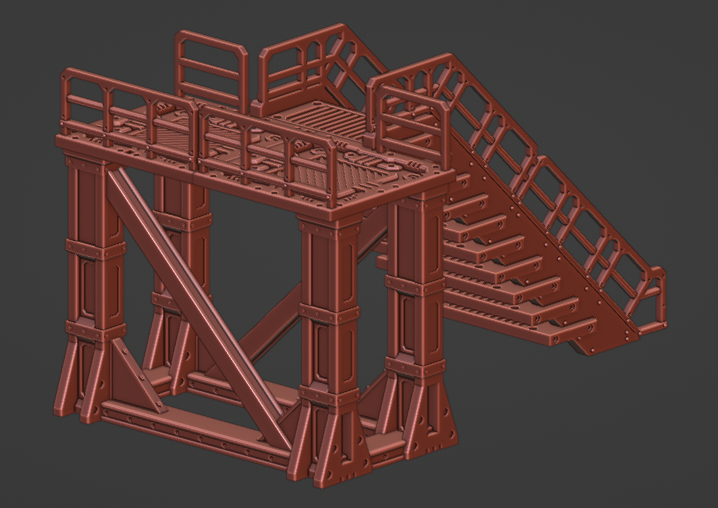 Working on this walkway gantry as part of a new set. Keep the crossbeams or not? #3Dprinting #wargaming #warhammer40k #necromunda #grimdark #firefight #OPR #deadzoneislife #terrain