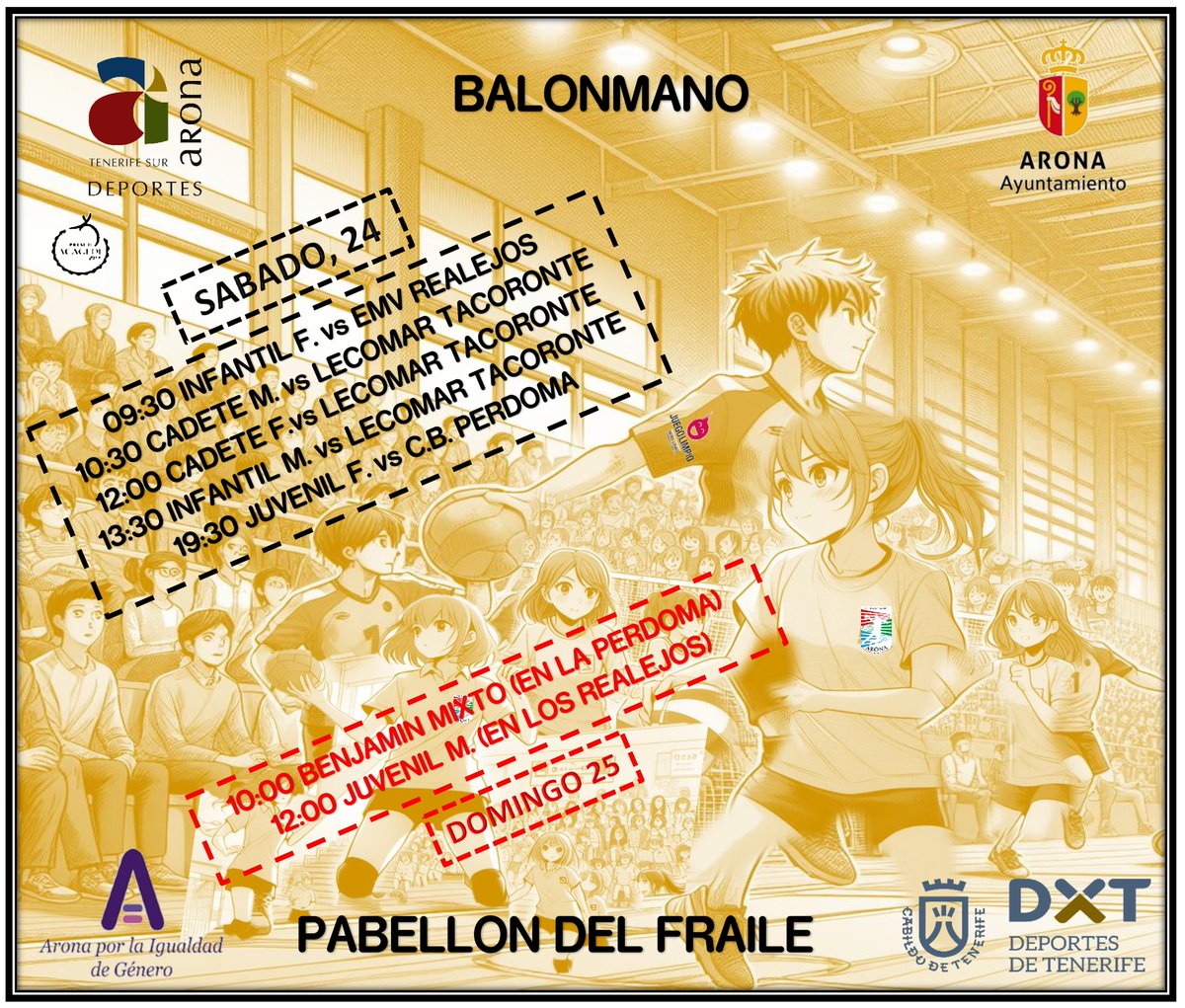 Se acercan los finales de liga regular, las infantiles se juegan el el liderato con el Club Balonmano Realejos y las cadetes se juegan la primera posición con el Tacoronte lecomar 13 de Mayo 
El Domingo los juveniles se juegan el primer puesto con el Club Balonmano Realejos