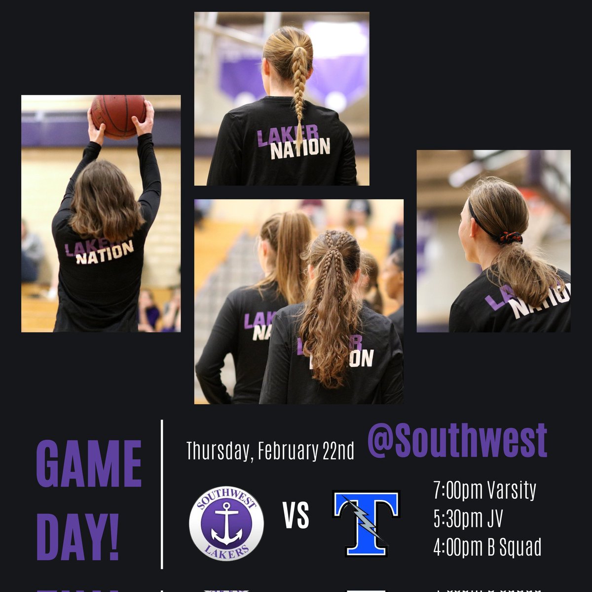 ⚠️ GAME DAY ⚠️ Last regular season game vs Tartan at home tonight! 🏀  B 4:00 JV 5:30, Varsity 7:00 🏀
#lakernation #golakers⚓️ 💜🤍