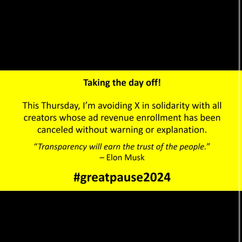 #greatpause2024

My account has been suspended from advertising revenues since February 5th without me committing a violation. My account has been reviewed and proven to be free of any violations. I am committed to the laws and regulations. I ask you to return to me the sharing