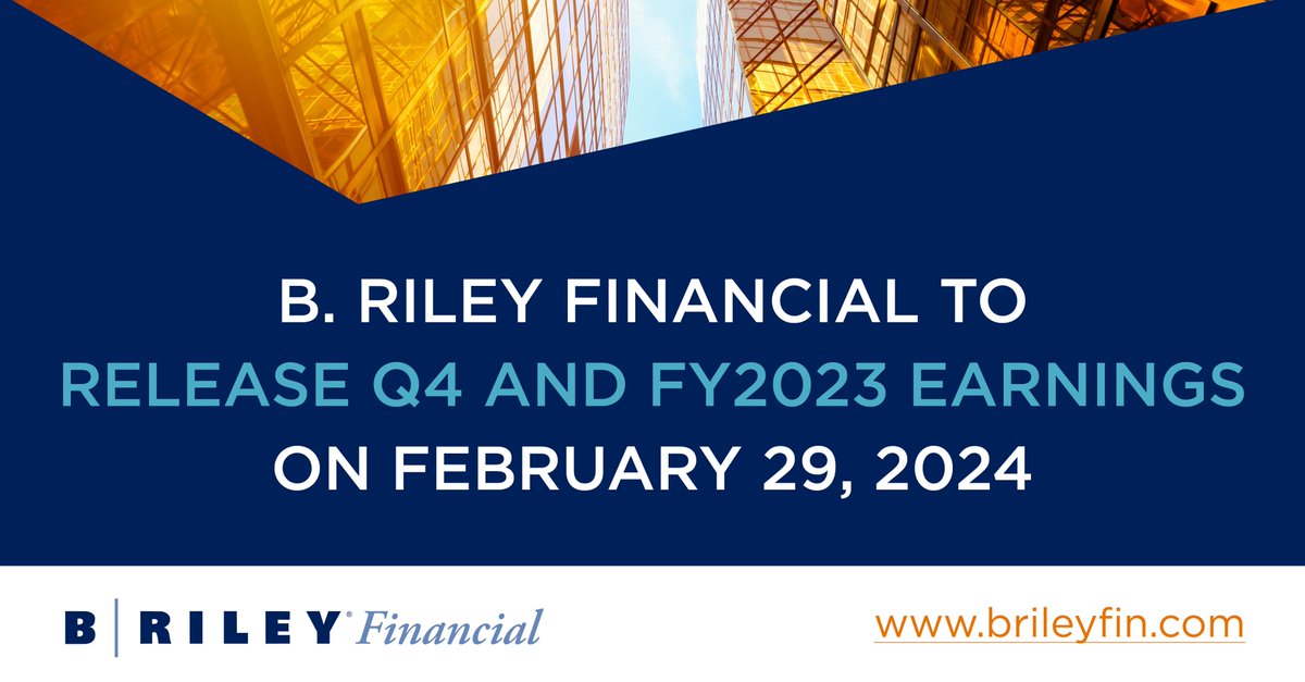 B. Riley Financial ( $RILY ) announced it will report fourth quarter and full year 2023 results after market close on Thursday February 29 and will hold a conference call at 4:30 pm ET on the same day. 

Read more: ir.brileyfin.com/2024-02-22-B-R…