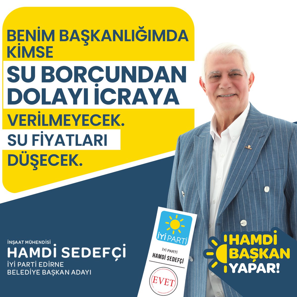 HSedefci's tweet photo. 💧 Su Borcu İcraları Olmayacak, Su Fiyatları Düşecek! 💧

Hayatınızı doğrudan etkileyecek ve rahatlatacak bir taahhüdümü paylaşmak istiyorum: Benim başkanlığımda kimse, su borcundan dolayı icraya verilmeyecek. Su fiyatlarını düşüreceğiz!

💙 Su, hayatın temel bir ihtiyacıdır ve herkesin erişebilmesi gerekir. Bu nedenle, su fiyatlarını makul seviyelere çekerek herkesin suya erişimini kolaylaştıracağız. Belediyecilik, halka hizmet etmektir. Sizlerin ihtiyaçlarınızı ve zorluklarınızı anlıyor, buna göre hareket ediyoruz. Su borcu yüzünden kimseyi mağdur etmeyeceğiz.

🌊 Önceki dönemlerimizde olduğu gibi, şimdi de yeni başkanlık dönemimde, su borcu nedeniyle kimseyi icraya verilmeyecek. Sizlerin rahatı ve refahı için çalışacağız.

Edirne'mizin her bir sakinine daha adil ve erişilebilir bir su hizmeti sunmak için buradayım. Unutmayın, biz birlikte güçlüyüz ve birlikte her zorluğun üstesinden gelebiliriz.

 ☀️ Edirne Bilir, HAMDİ Başkan YAPAR! ☀️

#EdirneSuBorcuYok #HamdiBaşkanSözVeriyor #SuFiyatlarıDüşüyor #Edirne