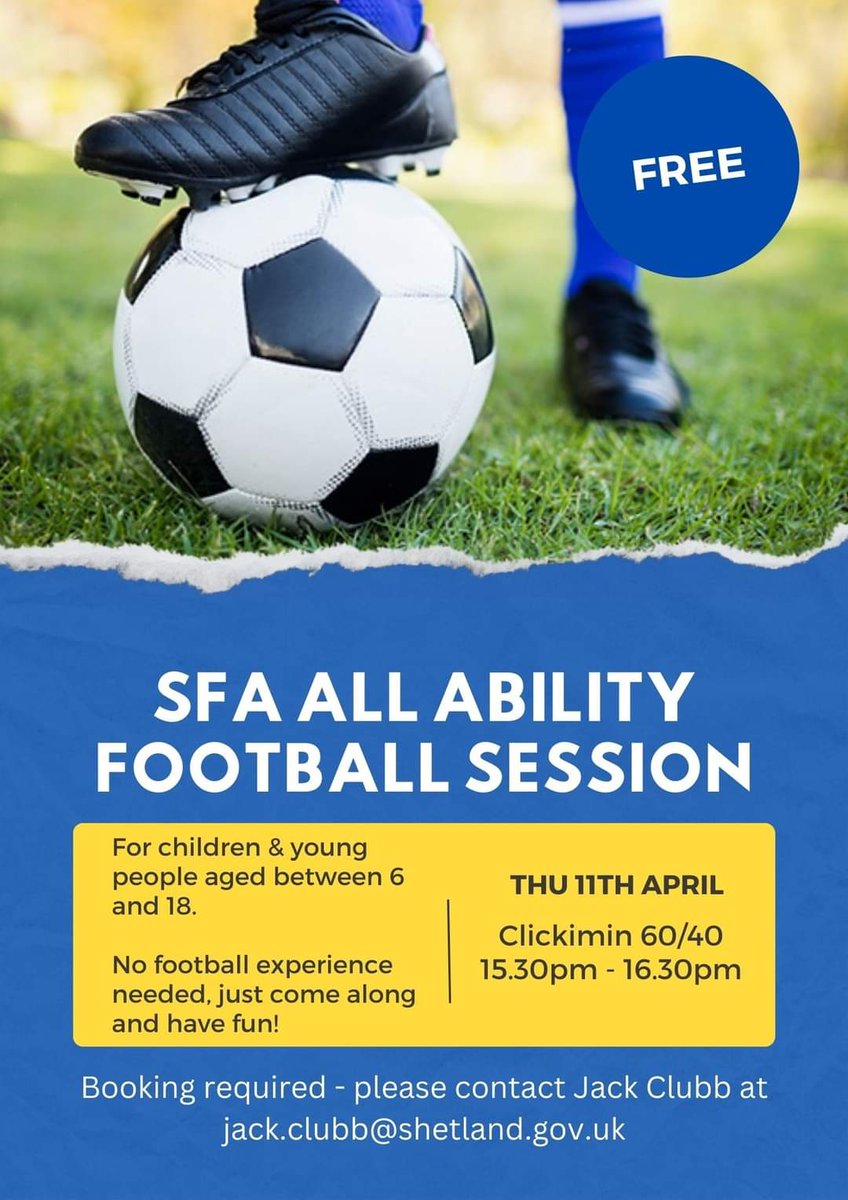 SFA are offering All Ability Football sessions this Easter Holidays. Open to anyone between the ages of 6 and 18 years old. Thursday the 11th of April 15.30pm-16.30pm in the 60/40. Booking is essential. Please contact Jack Clubb to book.