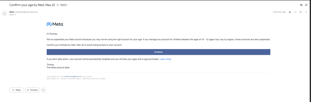 thomas_agius's tweet photo. @MetaQuestHelp received this email today to verify my age cause I use Meta Quest 3. The deadline was suppose to be May 22nd but someone at Meta made the date today. Since my Quest account is linked to Meta account, Meta has suspended all my accounts. I have submitted an appeal https://t.co/NqNg0Y7Lq6
