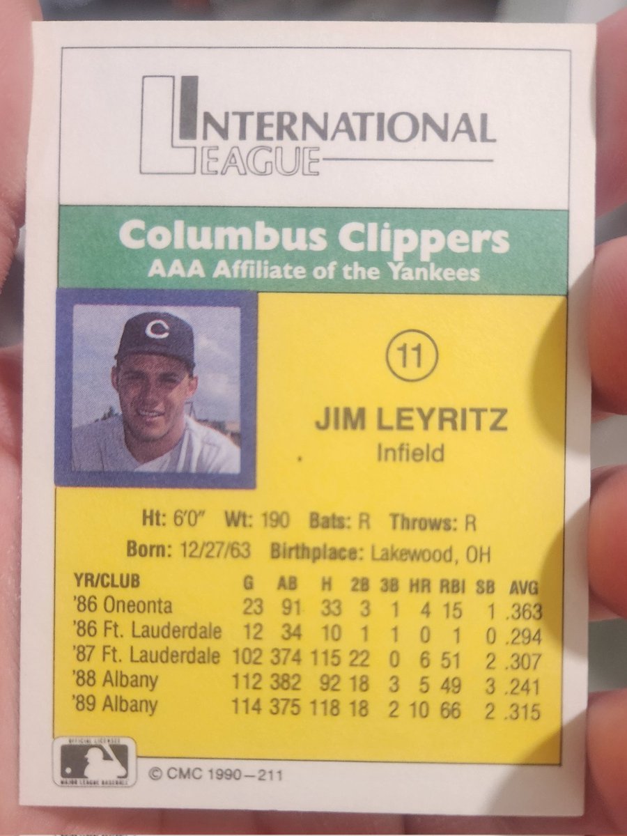 Today's #MiLBCoD is CMC 1990 @CLBClippers @therealjleyritz. Infielder with a catcher's mitt in his picture. Leyritz was one of my favorite Yanks as a kid. Tell me your favorite story about the player, team, ballpark, etc. Especially if it is Minor League. RTs are appreciated.
