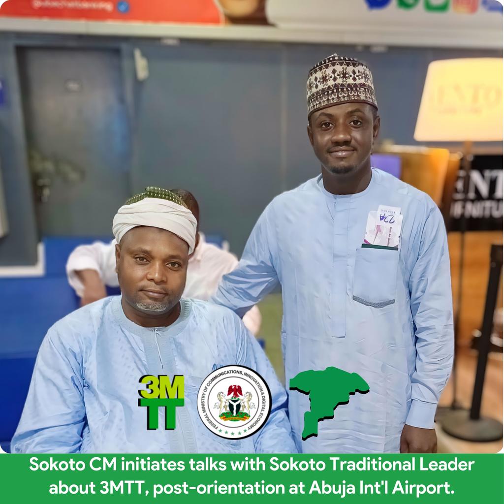 Sokoto 3MTT Community Manager initiates talks with Sokoto Traditional Leader about 3MTT program in local communities right from Abuja Airport, immediately after #3mttcmorientation
Haven't registered yet? app.3mtt.training/register

<a href="/3MTTNigeria/">3MTT Nigeria</a>
<a href="/bosuntijani/">Dr. 'Bosun Tijani</a>
