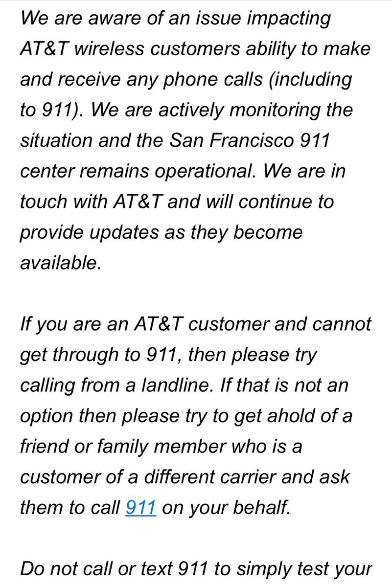 Latest on the #att outage from San Francisco Dept. of emergency management:
