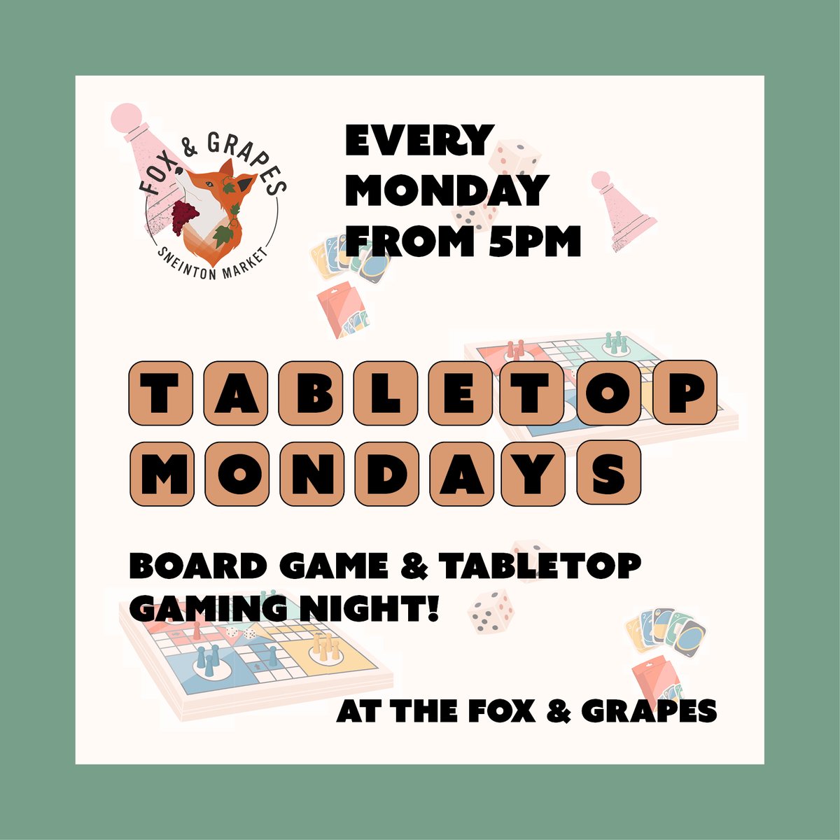 Fancy a game?

Every Monday from 5pm, come down and play!

You can use our in-house games or bring your own. Whether it's Chess, Scrabble, Dungeons &amp; Dragons, Warhammer, Magic: The Gathering, or something else, all are welcome!

#tabletopmondays #gaming #boardgames