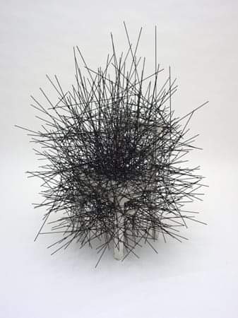 © Chiharu Shiota ★
    'State of Being' (Chair), 2011
     Metallic sticks, chair and white 
     paint (100x100x80cm)
#artwork #sculpture #installationart #art