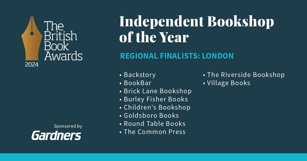 From London, the finalists are: @childrensbkshop, @BurleyFisher, @TheCommonPress, @BooksRound, @BookBarUK, @villagebooksdul, @backstoryldn, @BrickLaneBooks, The Riverside Bookshop, and @GoldsboroBooks.