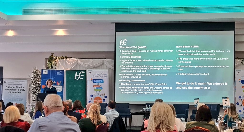Helen Hay at the @HSELive West & North West Experiential Change Programme - sharing how their Community of Practice uses 'WWW/EBI' to close every CoP meeting, inspired by our @theQCommunity Ireland teatime catchup sessions 🙌 #QITwitter #QIreland @NationalQPS