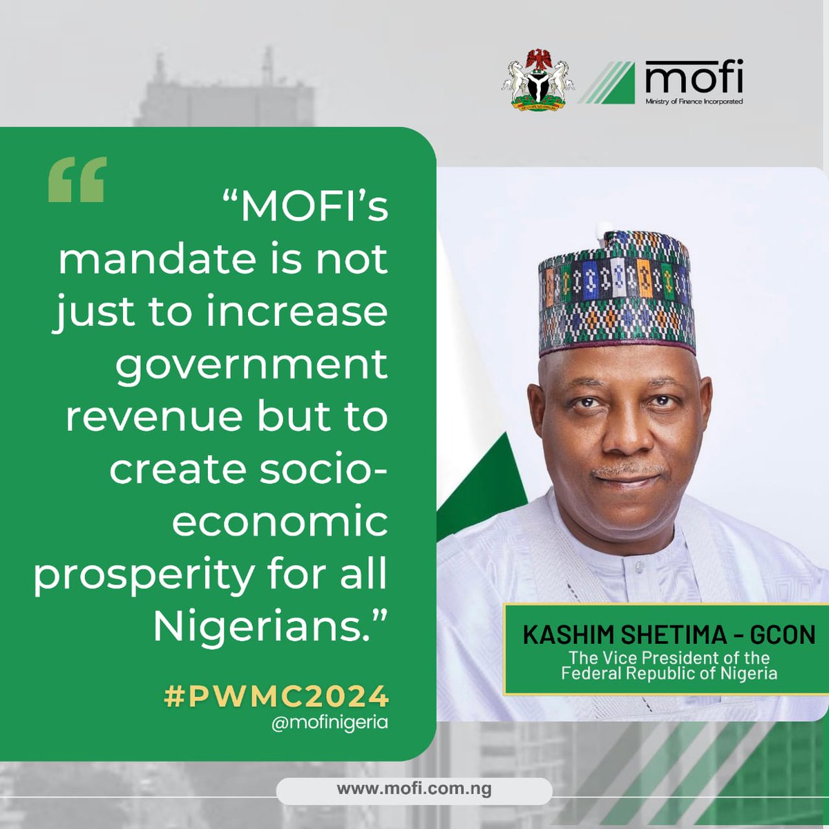 mofinigeria's tweet image. Updates from key speakers at the PWMC2024. 'MOFI's mandate is not just to increase government revenue but to create socio-economic prosperity for all Nigerians" - Kassim Shettima GCON, Vice President of The Federal Republic of Nigeria. #PWMC2024 #MOFI #Socioeconomicprosperity