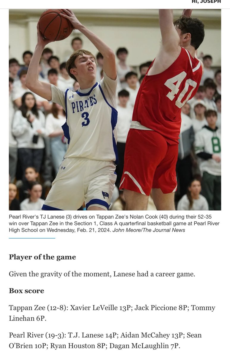 @LaneseTj, “@lohudsports Player of the Game” in Pearl Rivers 52 to 37 win over Tappan Zee. Next up the Semifinals vs Byram Hills 2/26