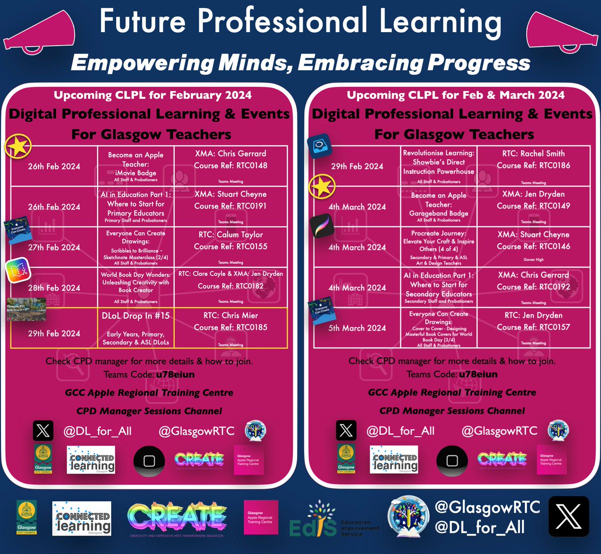 GlasgowRTC's tweet image. 📢Diving into next weeks playbook with @AppleEdu's #EveryoneCanCreate &amp;amp; @BookCreatorApp – who says lesson plans can't have a splash of creativity?💡With @Showbie in tow, we're ready to conquer!🚀 Also AI in Prim Edu and a DLoL Drop-In —where innovation and inspiration collide!💥