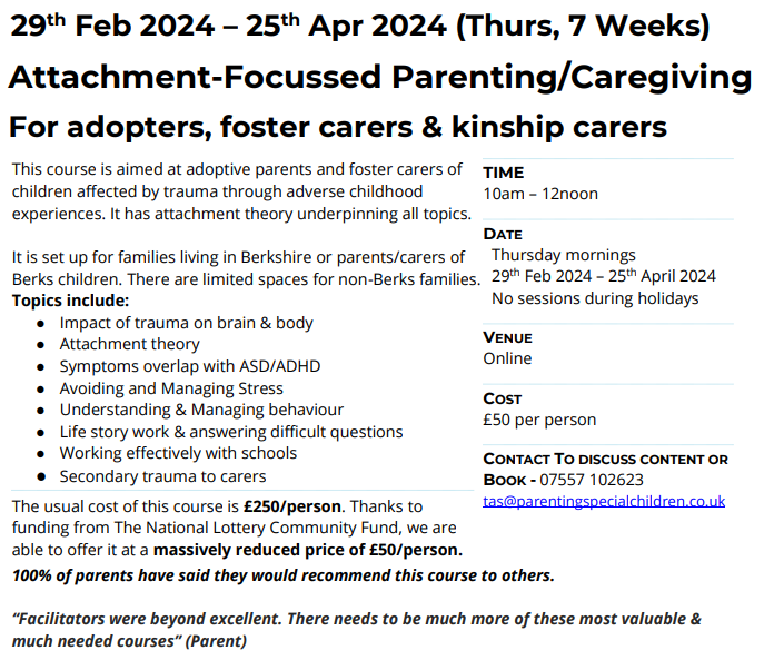 MsJoBillington's tweet image. Still a few spaces on Parenting Special Children&apos;s online course for adoptive/foster parents &amp;amp; carers of children affected by trauma. Starts next week &amp;amp; thanks to National Lottery funding, is available at a heavily subsidised cost. Email tas@parentingspecialchildren.co.uk to book