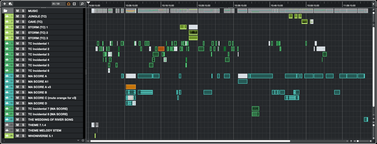 Here’s a closeup of the music tracks for #TheDaleksInColour. Green tracks are Tristram Cary’s original score. My new music (inc. Murray's 'River Song') in blue; it was often designed to run alongside & to complement TC's. @bbcdoctorwho @DWMtweets @benjamin_cook @russelldavies63