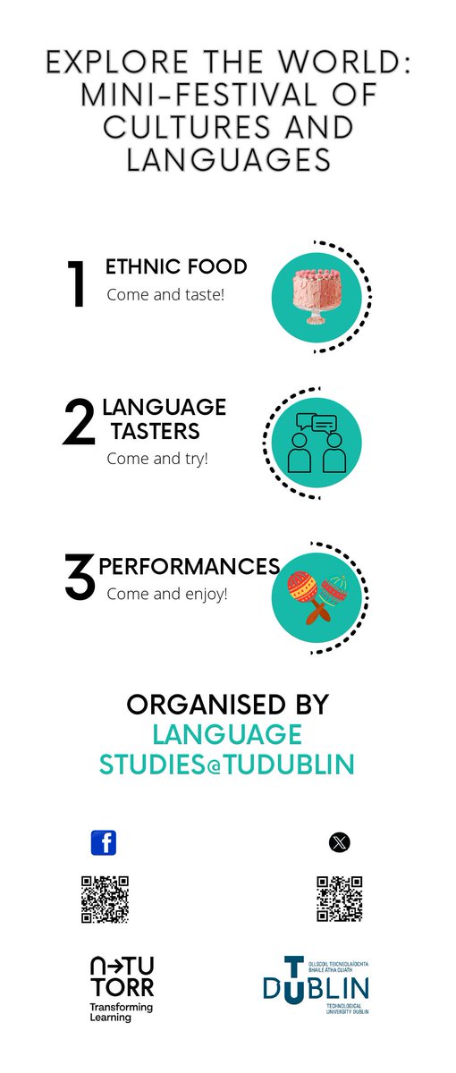 🌍'Explore the World: Mini-Festival of Cultures and Languages'🎉Try ethnic food, language tasters & performances at the Foyer of CQ Grangegorman @WeAreTUDublin, Friday, 1 March, 12pm-3pm. #CulturalFestival #LanguageExploration #NTUTORRWeek #NextGenerationEU